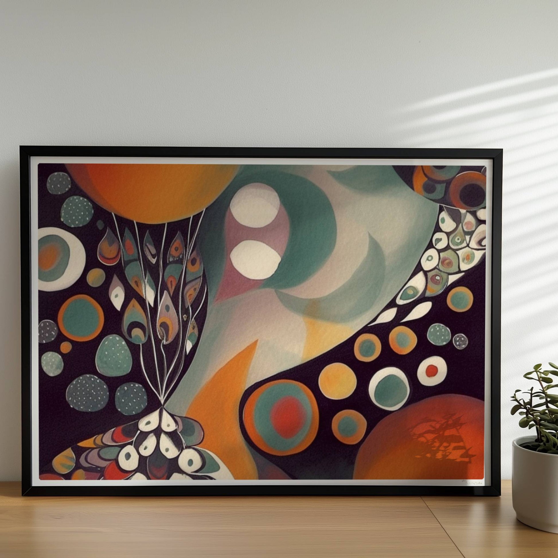 Abstrakte Darstellung eines großen Kreises mit Sonnenuntergangsfarben und vielen kleineren Kreisen, Blumen und dekorativen Elementen.. Rahmen schwarz 70x50