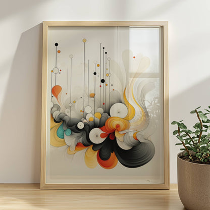 Abstrakte Komposition aus geschwungenen Linien, bunten Kreisen und dynamischen Formen auf weißem Hintergrund.. Rahmen natur 30x40