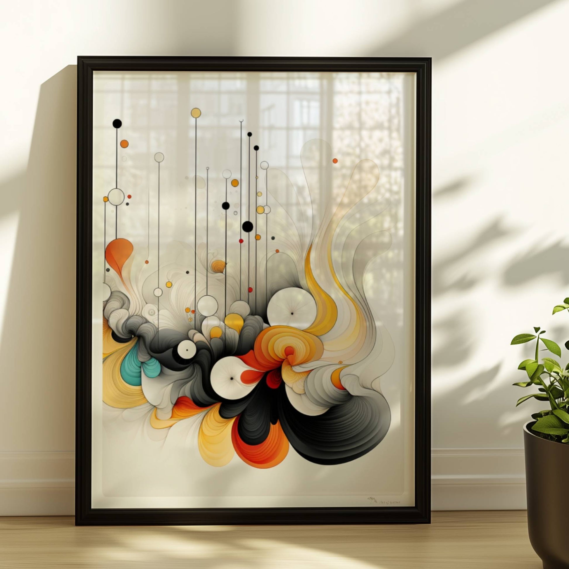 Abstrakte Komposition aus geschwungenen Linien, bunten Kreisen und dynamischen Formen auf weißem Hintergrund.. Rahmen schwarz 30x40