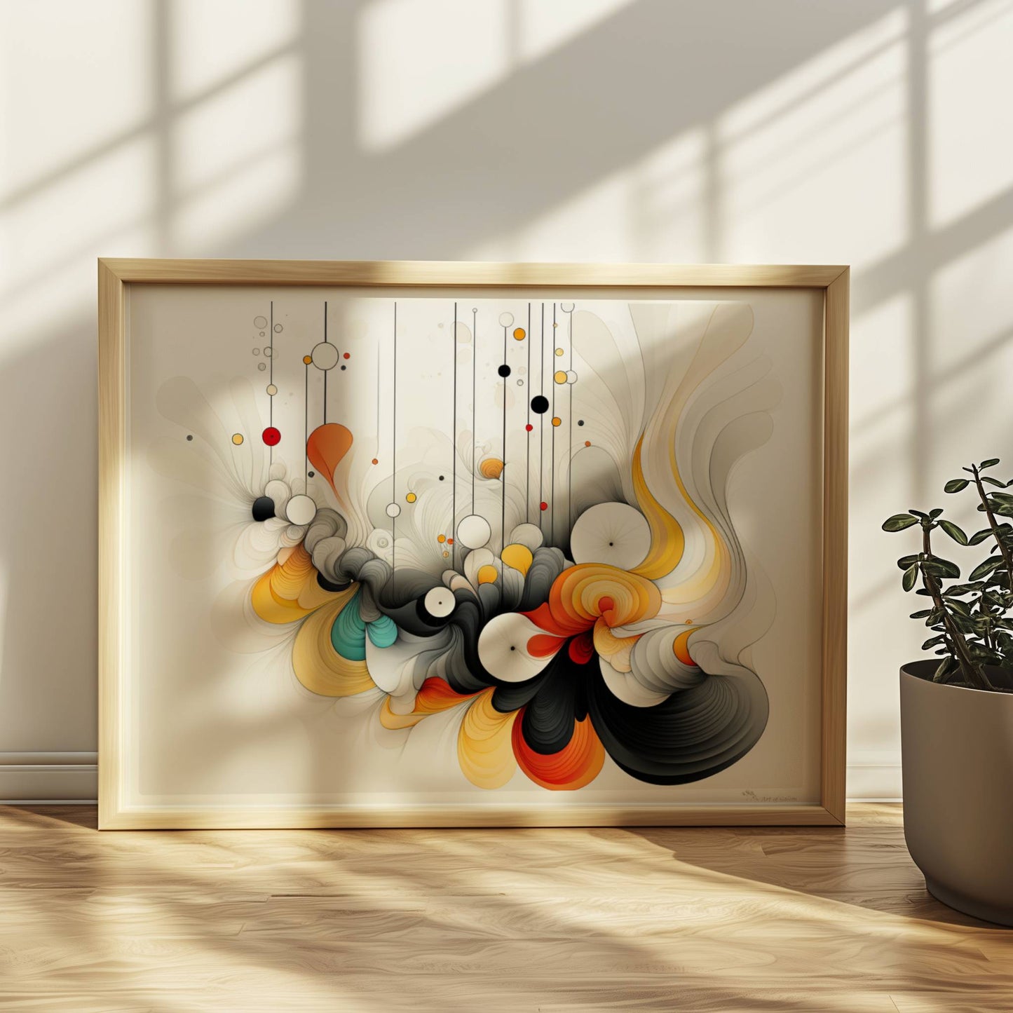 Abstrakte Komposition aus geschwungenen Linien, bunten Kreisen und dynamischen Formen auf weißem Hintergrund.. Rahmen natur 40x30