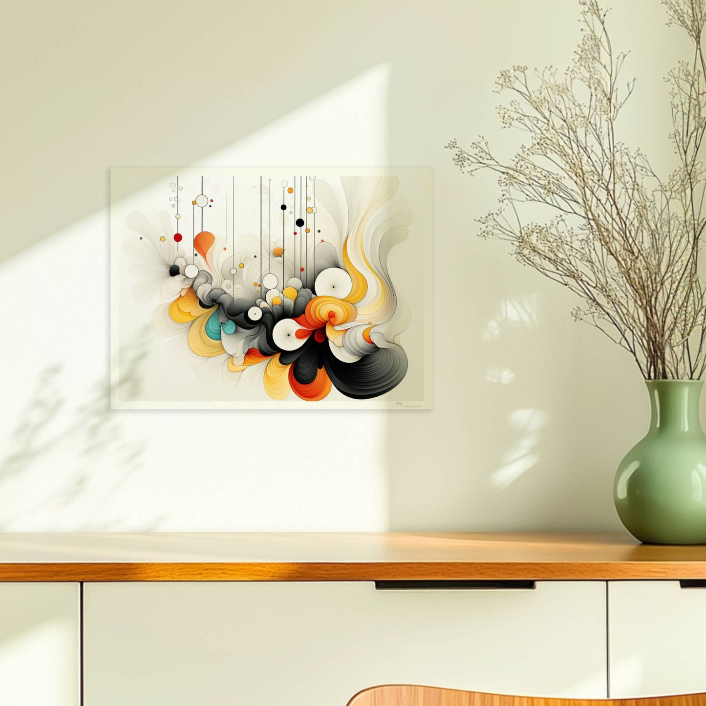 Abstrakte Komposition aus geschwungenen Linien, bunten Kreisen und dynamischen Formen auf weißem Hintergrund.. Ohne Rahmen 40x30