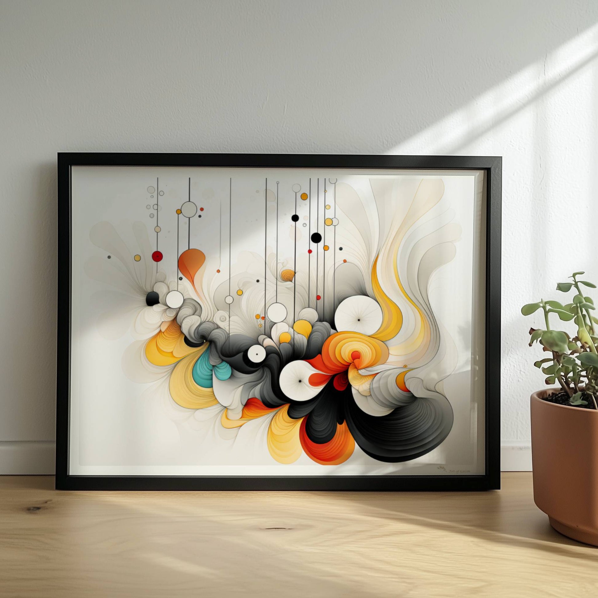 Abstrakte Komposition aus geschwungenen Linien, bunten Kreisen und dynamischen Formen auf weißem Hintergrund.. Rahmen schwarz 40x30