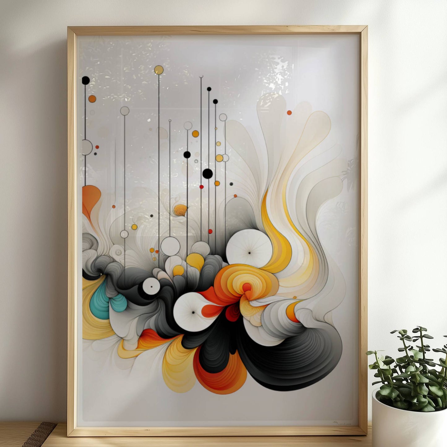 Abstrakte Komposition aus geschwungenen Linien, bunten Kreisen und dynamischen Formen auf weißem Hintergrund.. Rahmen natur 50x70