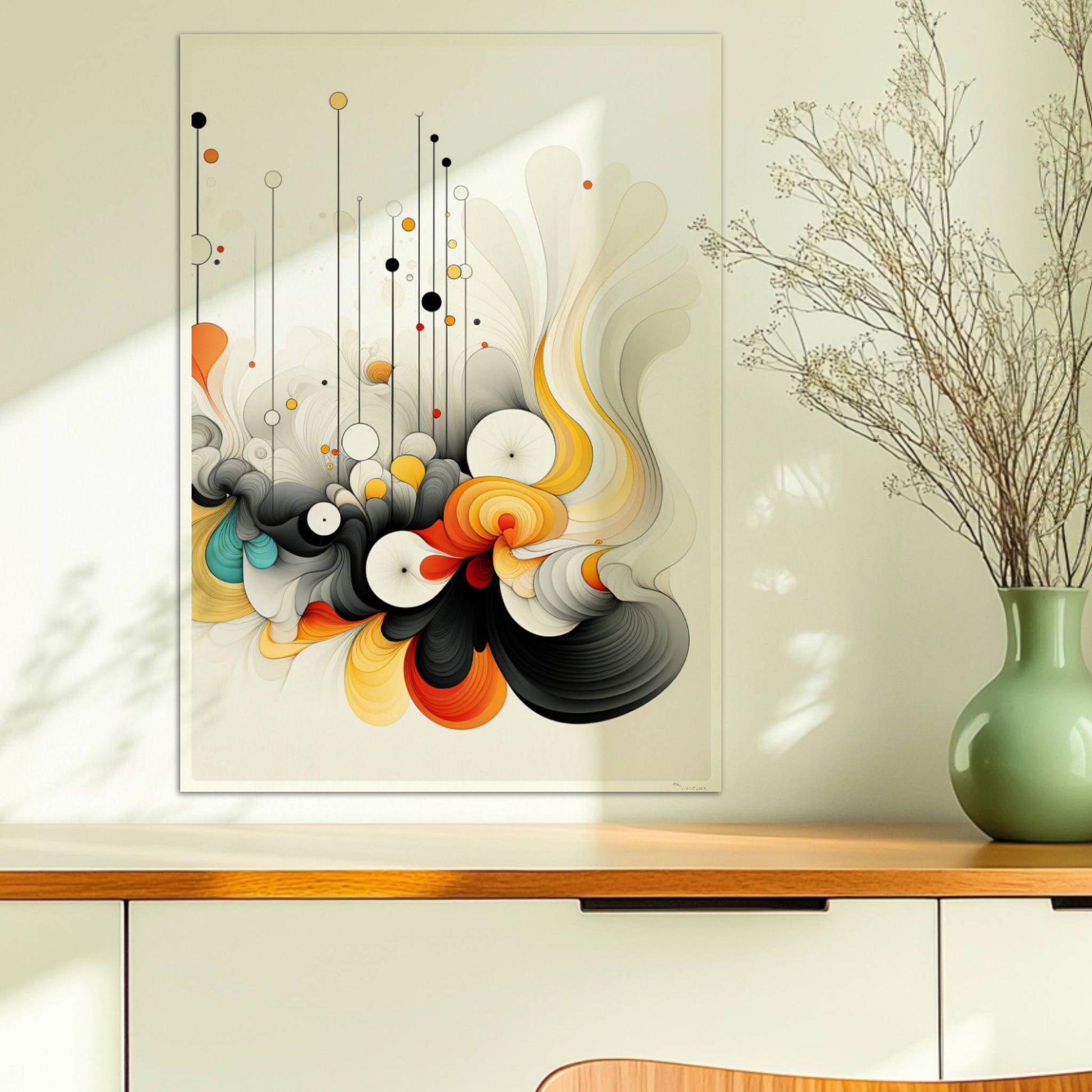 Abstrakte Komposition aus geschwungenen Linien, bunten Kreisen und dynamischen Formen auf weißem Hintergrund.. Ohne Rahmen 50x70