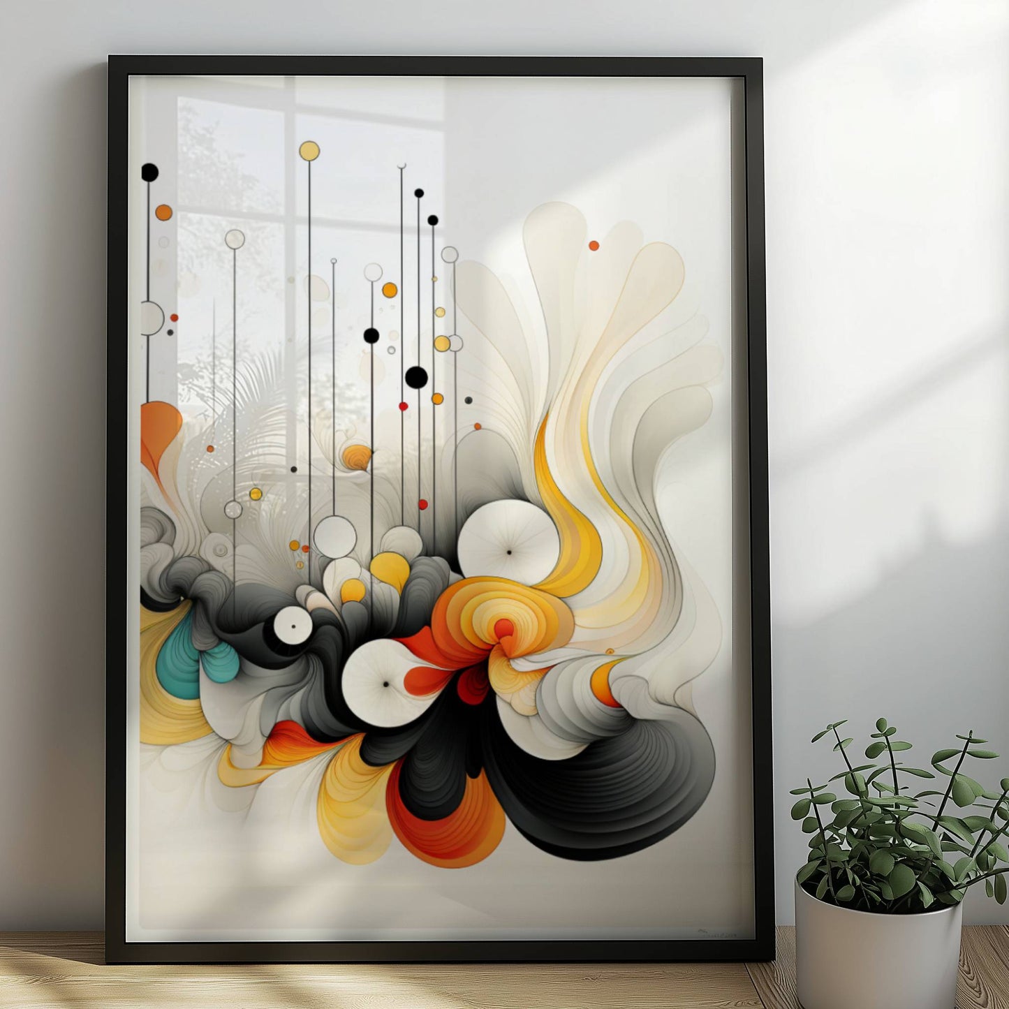 Abstrakte Komposition aus geschwungenen Linien, bunten Kreisen und dynamischen Formen auf weißem Hintergrund.. Rahmen schwarz 50x70