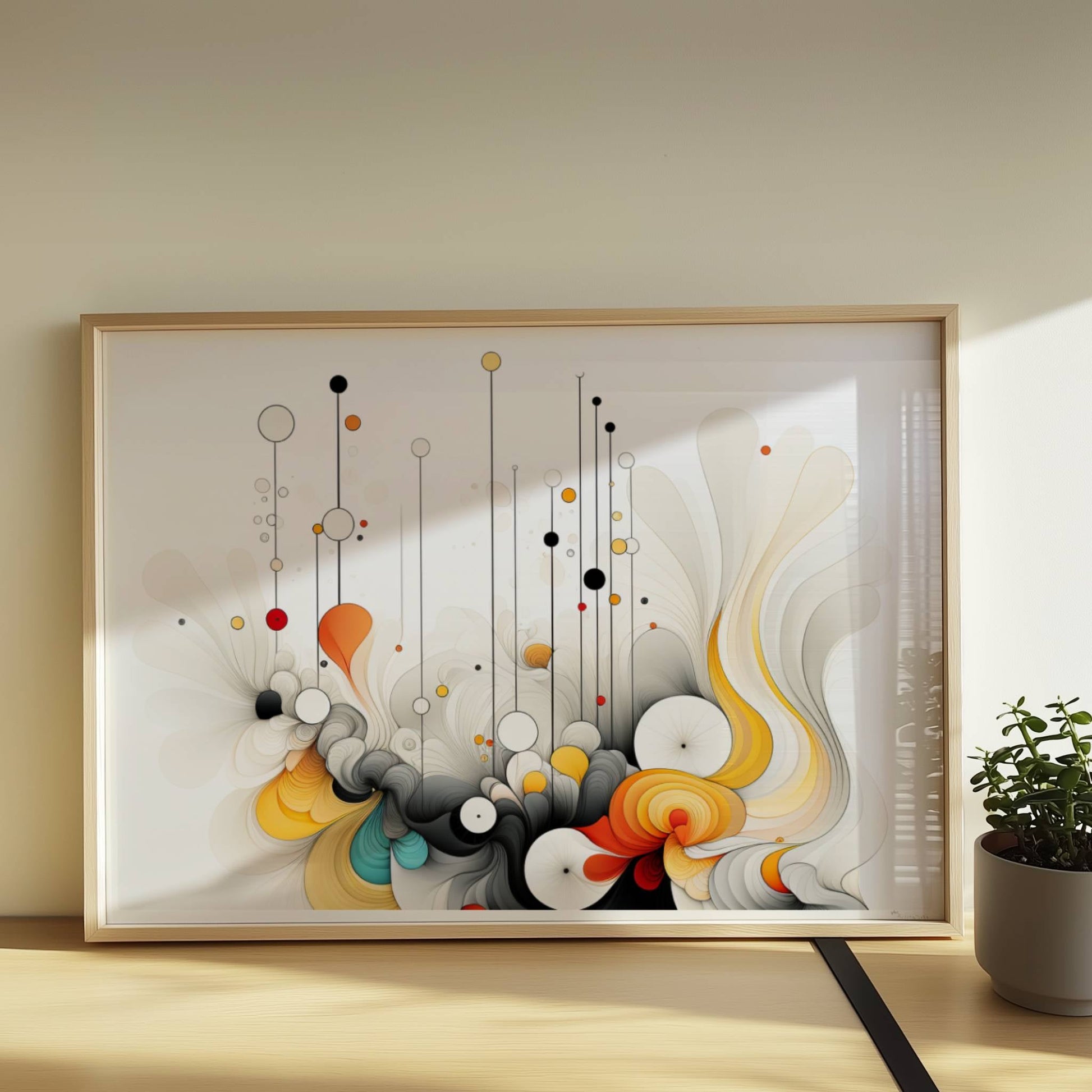 Abstrakte Komposition aus geschwungenen Linien, bunten Kreisen und dynamischen Formen auf weißem Hintergrund.. Rahmen natur 70x50