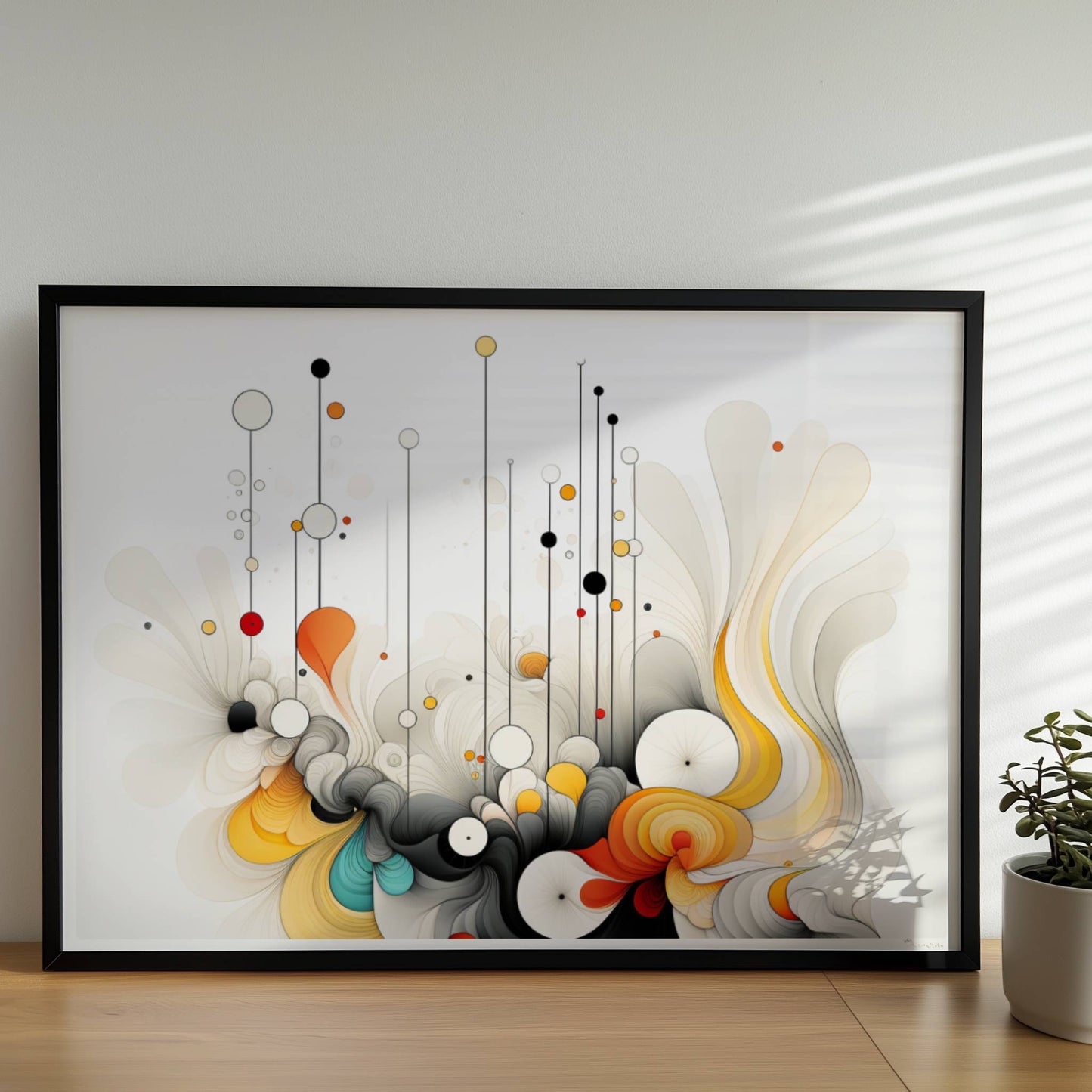 Abstrakte Komposition aus geschwungenen Linien, bunten Kreisen und dynamischen Formen auf weißem Hintergrund.. Rahmen schwarz 70x50