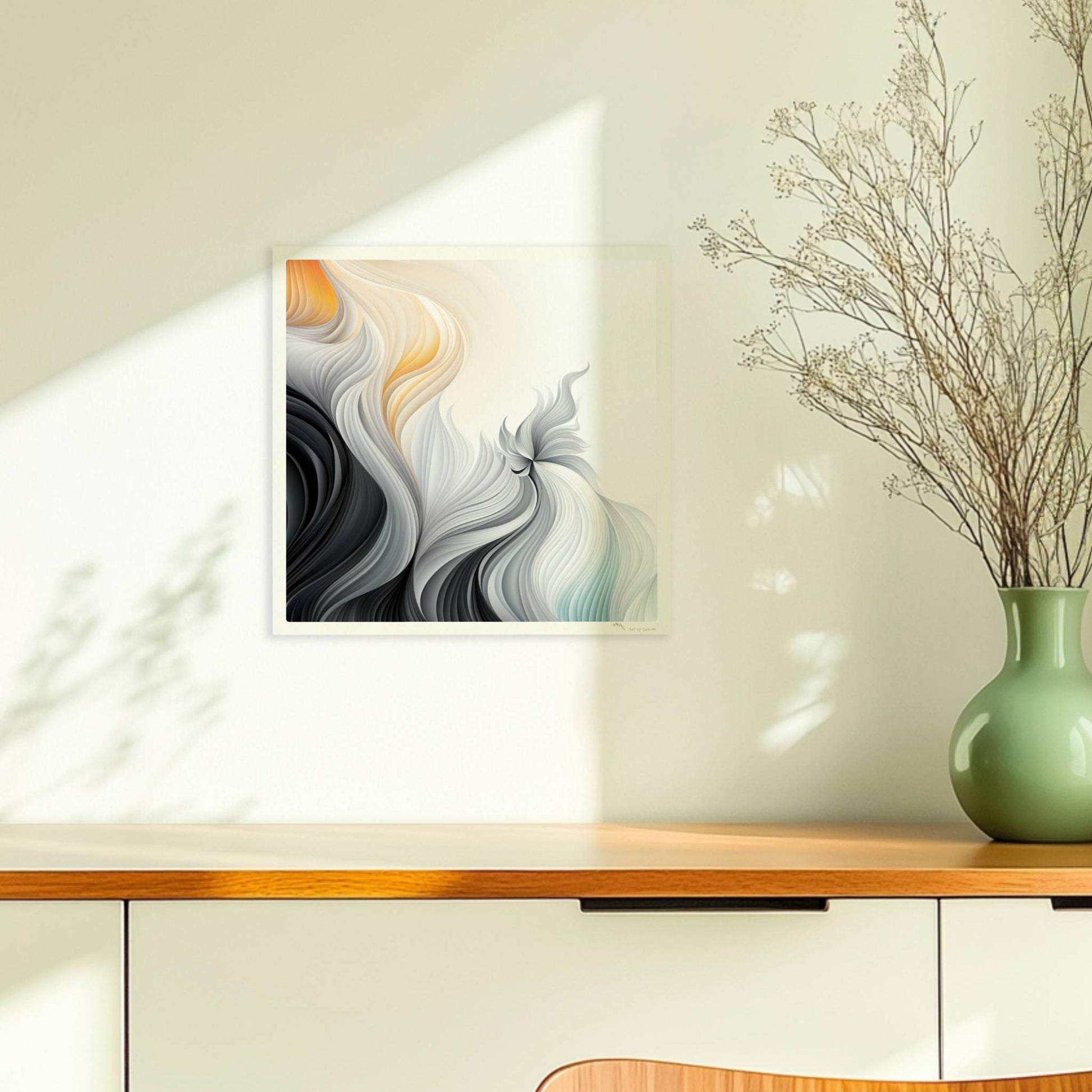 Abstrakte Vektorgrafik mit fließenden, gefiederten Linien in Schwarz, Weiß und sanftem Orange auf hellem Hintergrund.. Ohne Rahmen 30x30