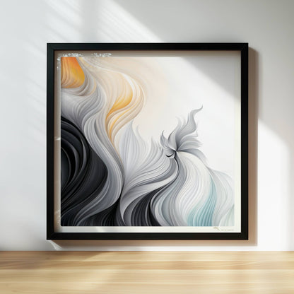 Abstrakte Vektorgrafik mit fließenden, gefiederten Linien in Schwarz, Weiß und sanftem Orange auf hellem Hintergrund.. Rahmen schwarz 30x30