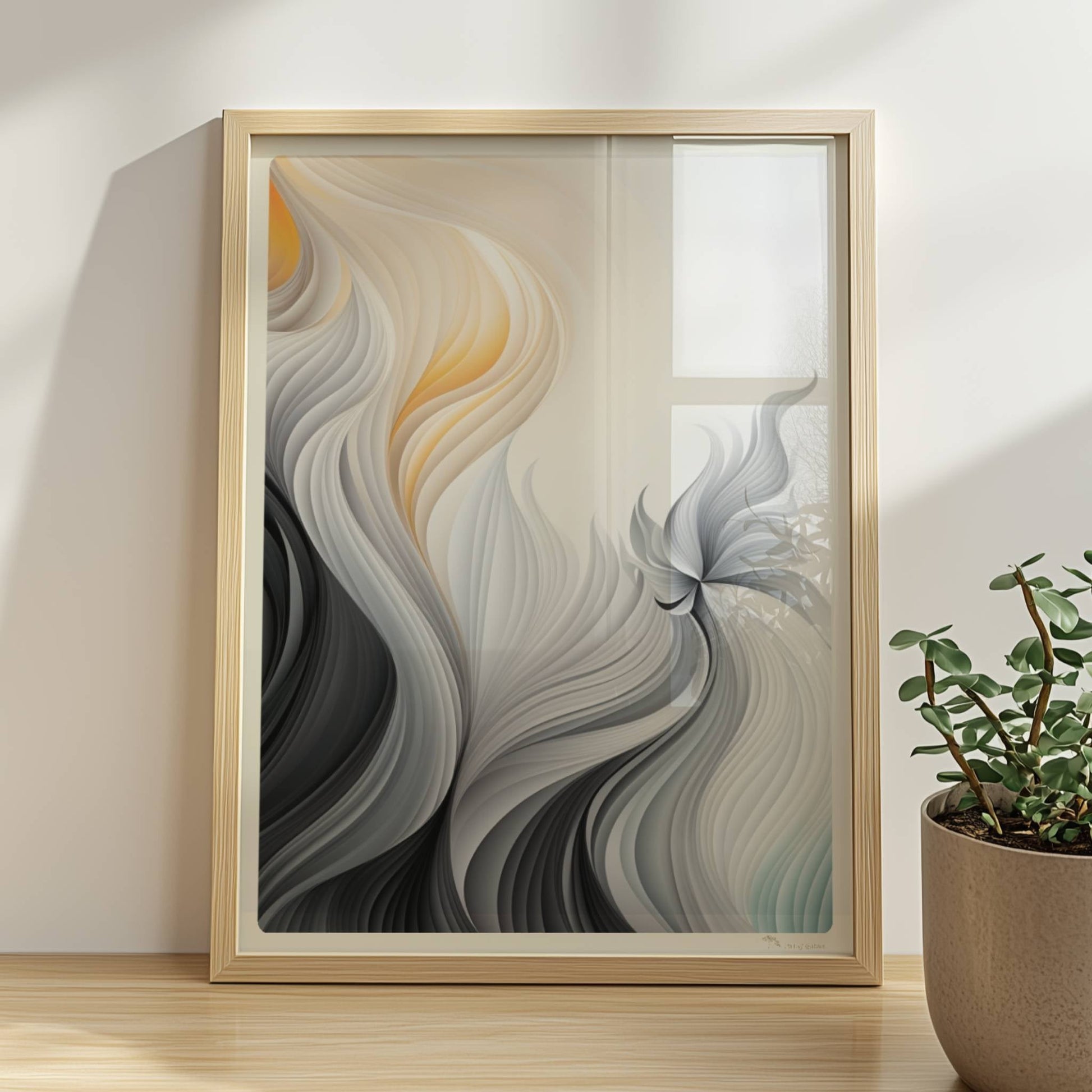 Abstrakte Vektorgrafik mit fließenden, gefiederten Linien in Schwarz, Weiß und sanftem Orange auf hellem Hintergrund.. Rahmen natur 30x40