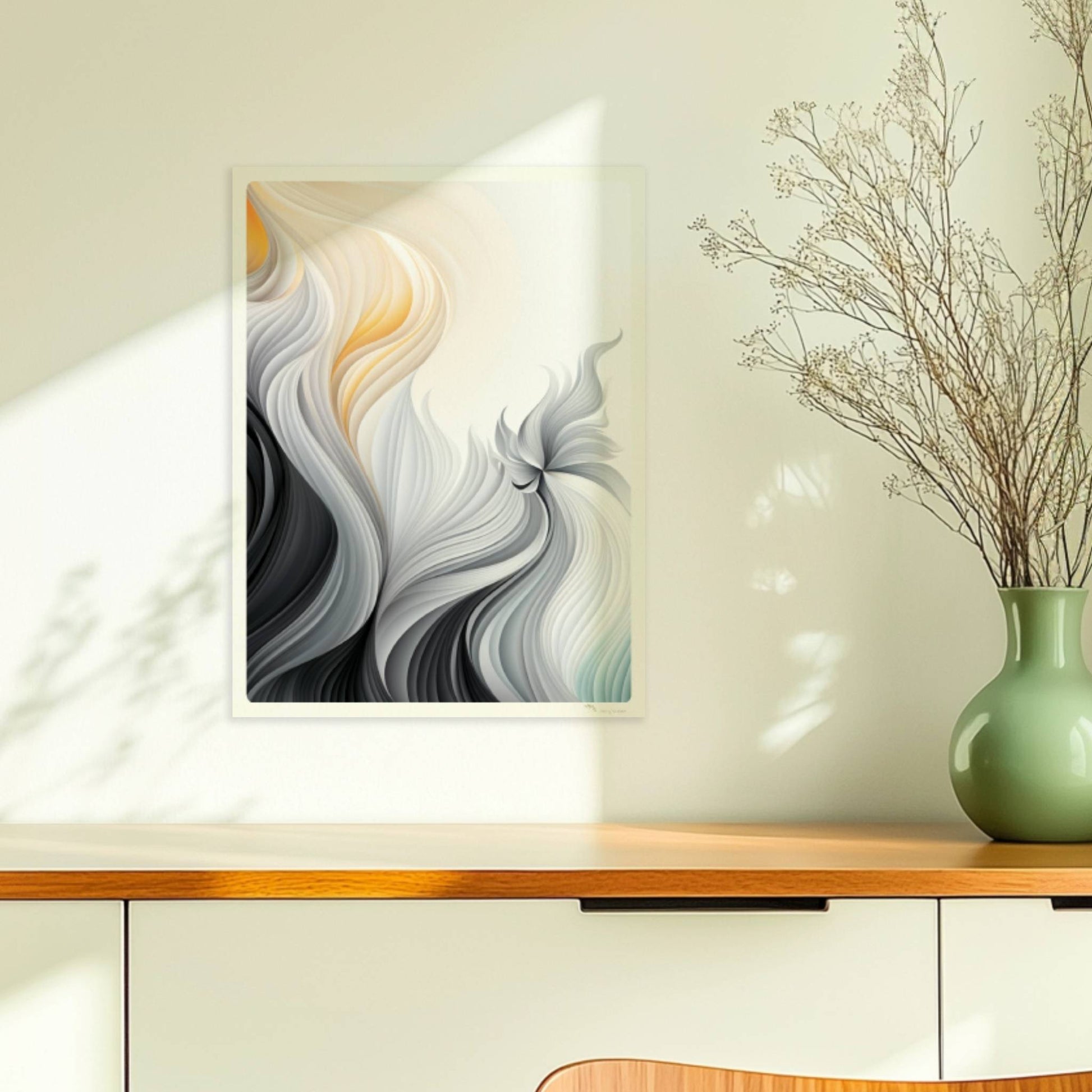Abstrakte Vektorgrafik mit fließenden, gefiederten Linien in Schwarz, Weiß und sanftem Orange auf hellem Hintergrund.. Ohne Rahmen 30x40