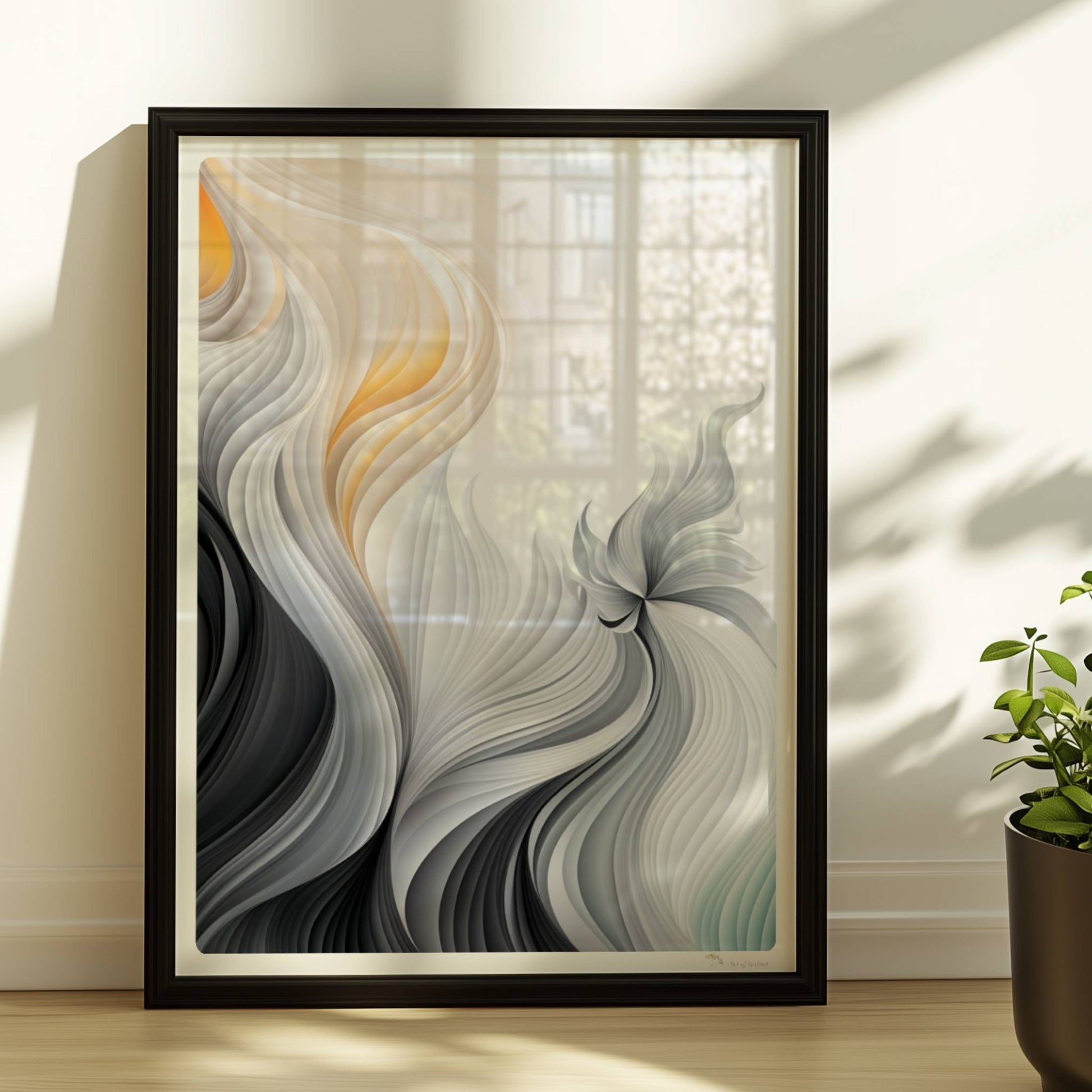 Abstrakte Vektorgrafik mit fließenden, gefiederten Linien in Schwarz, Weiß und sanftem Orange auf hellem Hintergrund.. Rahmen schwarz 30x40