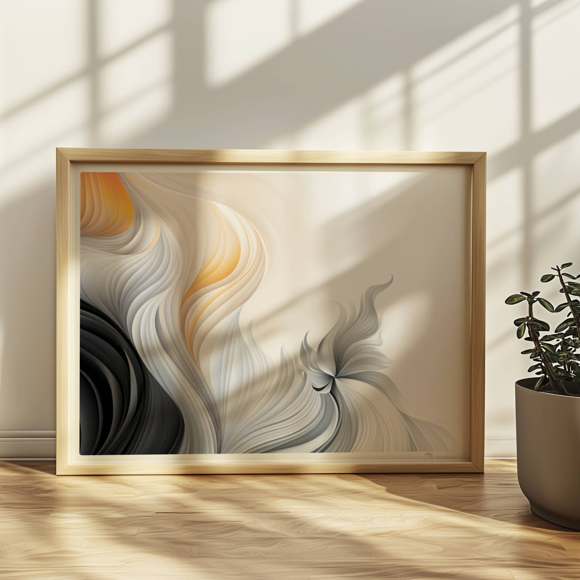 Abstrakte Vektorgrafik mit fließenden, gefiederten Linien in Schwarz, Weiß und sanftem Orange auf hellem Hintergrund.. Rahmen natur 40x30