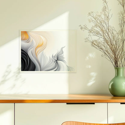 Abstrakte Vektorgrafik mit fließenden, gefiederten Linien in Schwarz, Weiß und sanftem Orange auf hellem Hintergrund.. Ohne Rahmen 40x30
