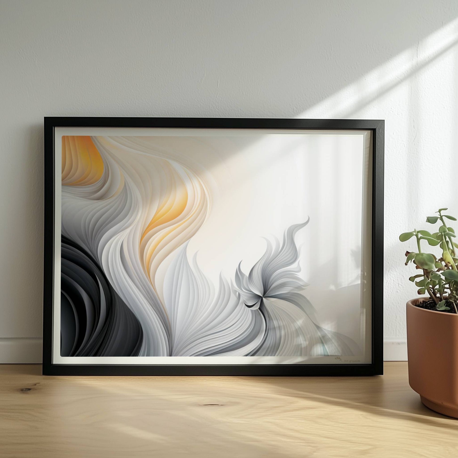 Abstrakte Vektorgrafik mit fließenden, gefiederten Linien in Schwarz, Weiß und sanftem Orange auf hellem Hintergrund.. Rahmen schwarz 40x30