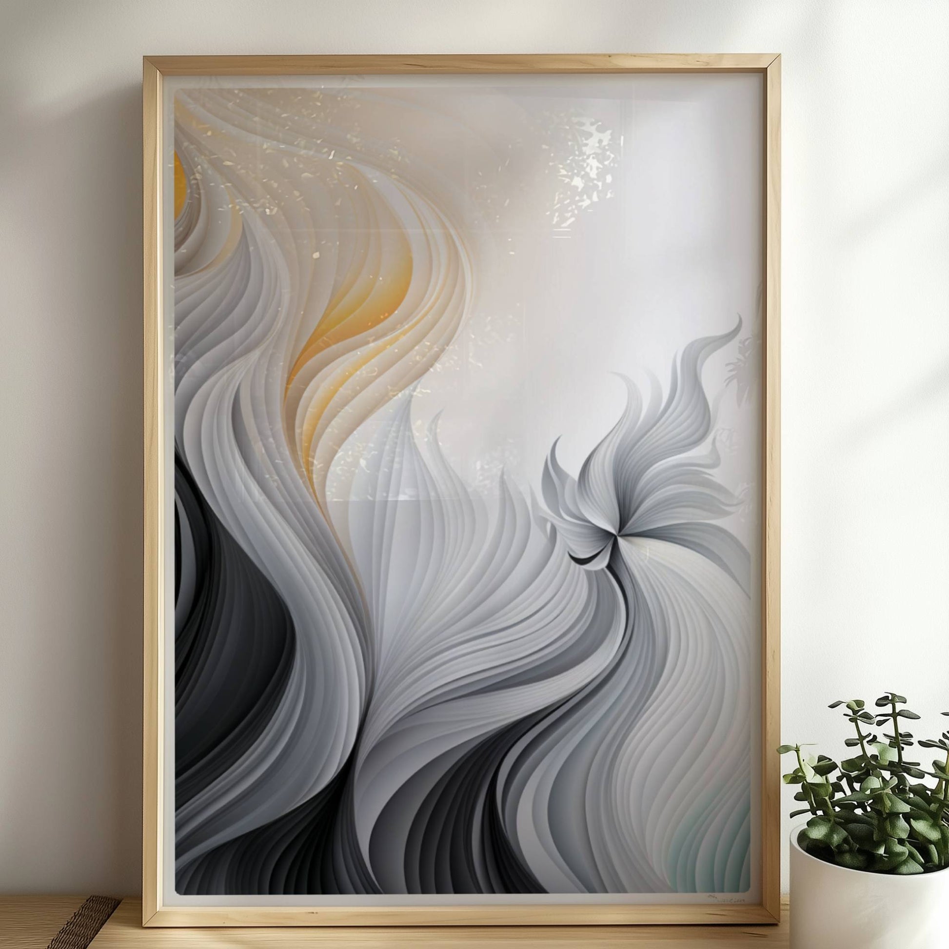 Abstrakte Vektorgrafik mit fließenden, gefiederten Linien in Schwarz, Weiß und sanftem Orange auf hellem Hintergrund.. Rahmen natur 50x70