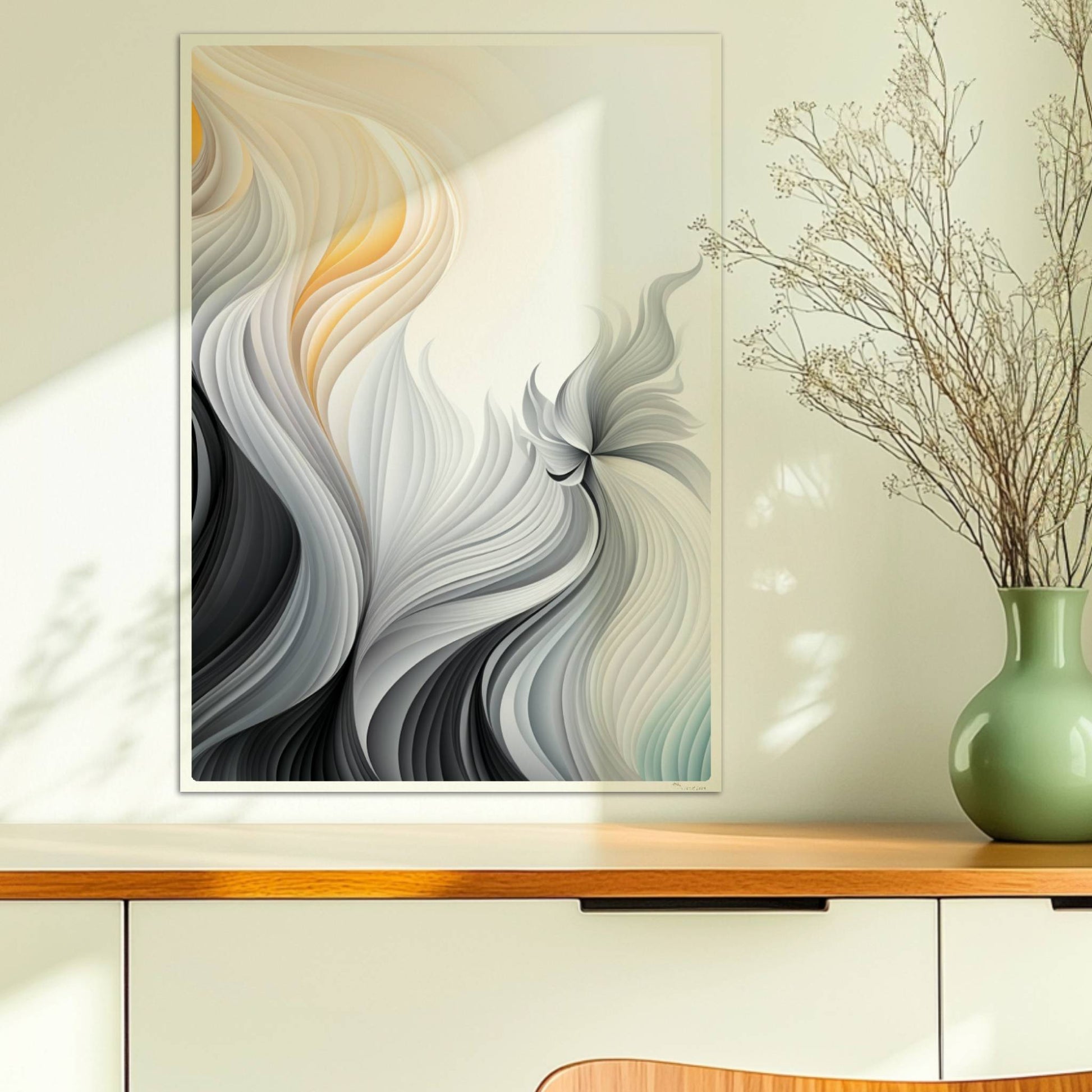 Abstrakte Vektorgrafik mit fließenden, gefiederten Linien in Schwarz, Weiß und sanftem Orange auf hellem Hintergrund.. Ohne Rahmen 50x70