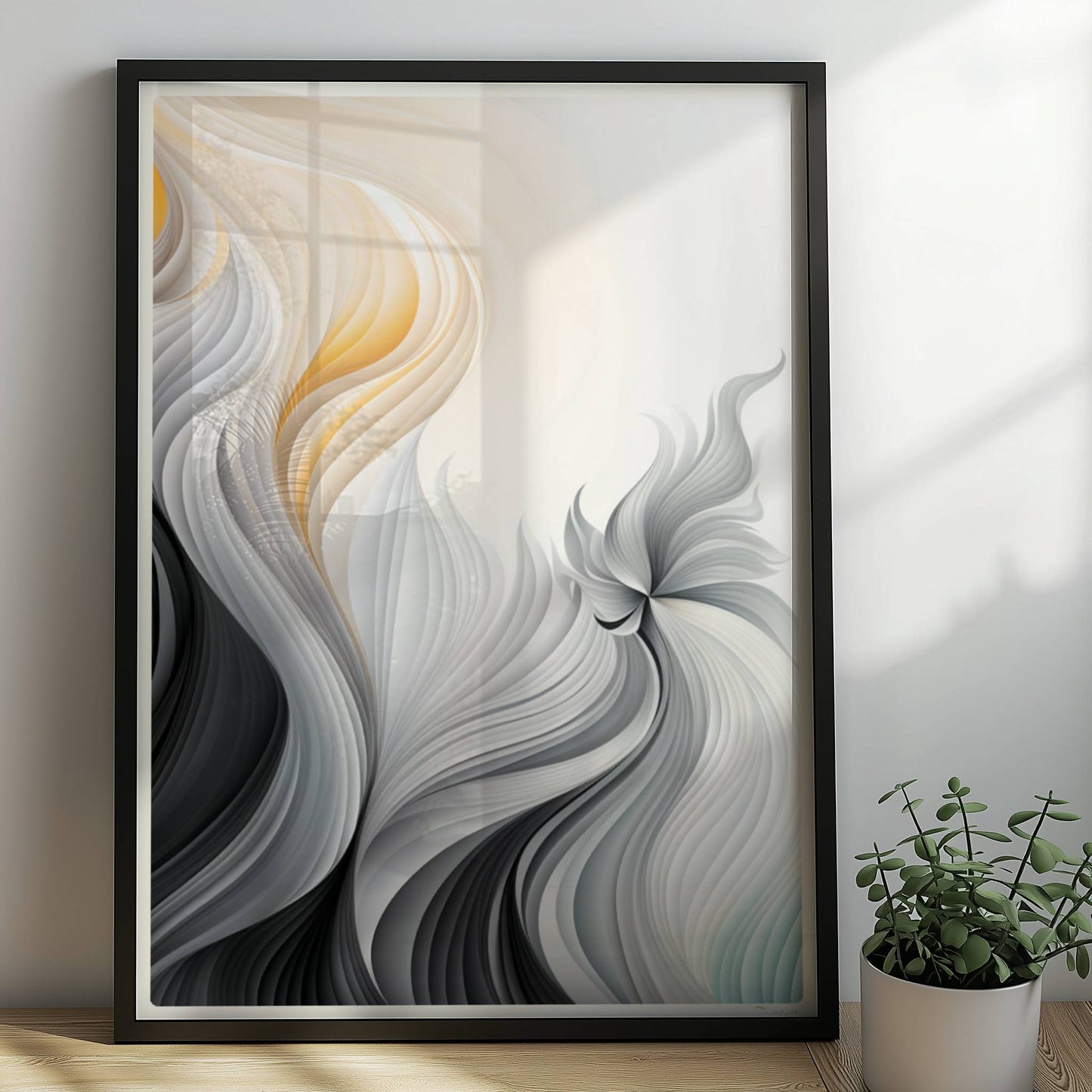 Abstrakte Vektorgrafik mit fließenden, gefiederten Linien in Schwarz, Weiß und sanftem Orange auf hellem Hintergrund.. Rahmen schwarz 50x70