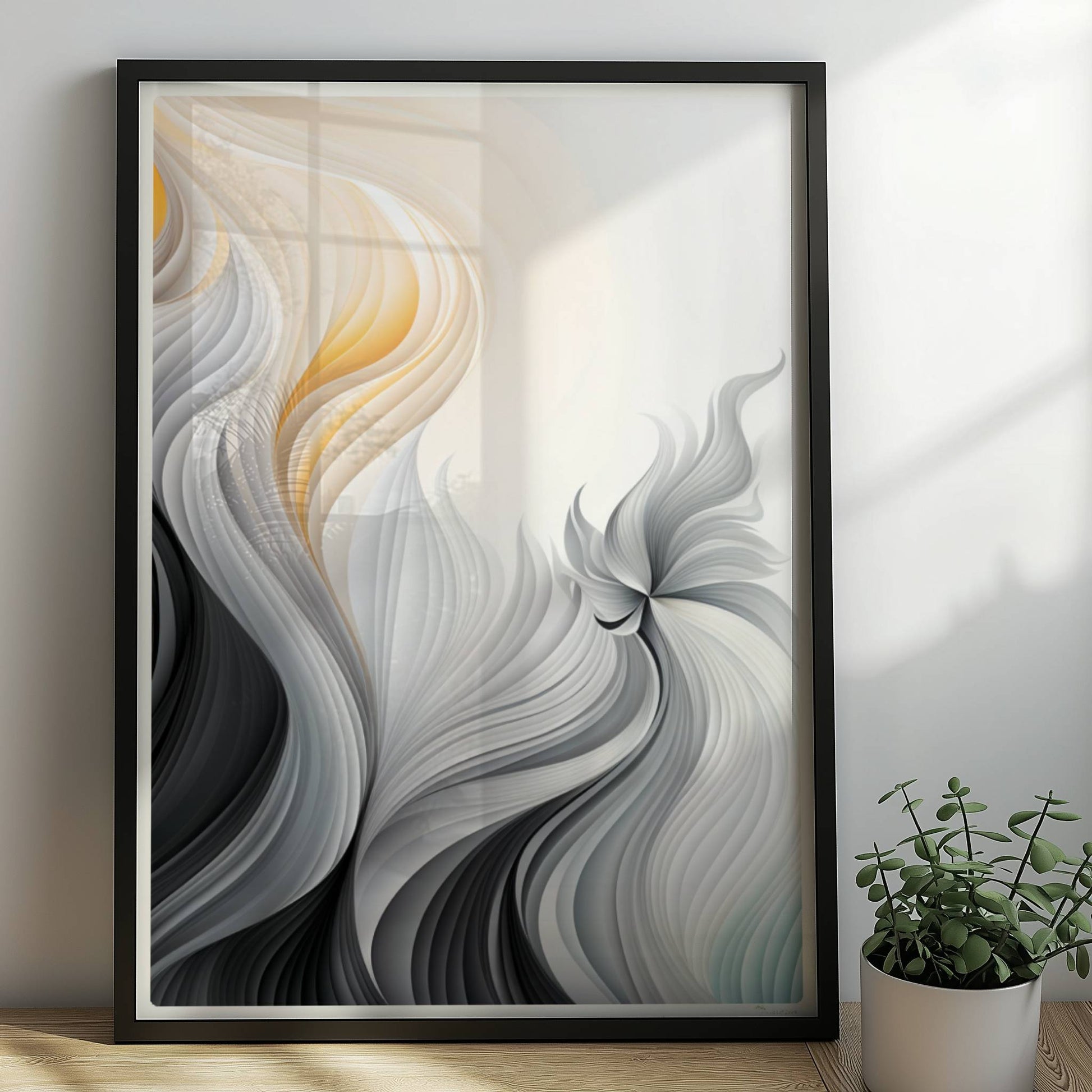 Abstrakte Vektorgrafik mit fließenden, gefiederten Linien in Schwarz, Weiß und sanftem Orange auf hellem Hintergrund.. Rahmen schwarz 50x70