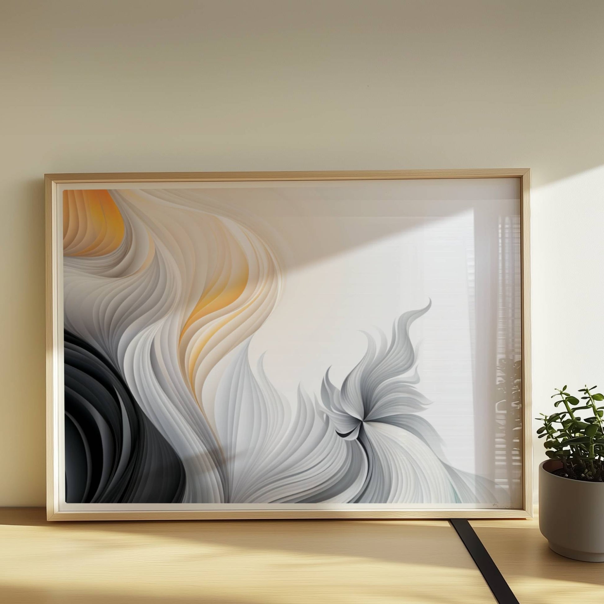 Abstrakte Vektorgrafik mit fließenden, gefiederten Linien in Schwarz, Weiß und sanftem Orange auf hellem Hintergrund.. Rahmen natur 70x50