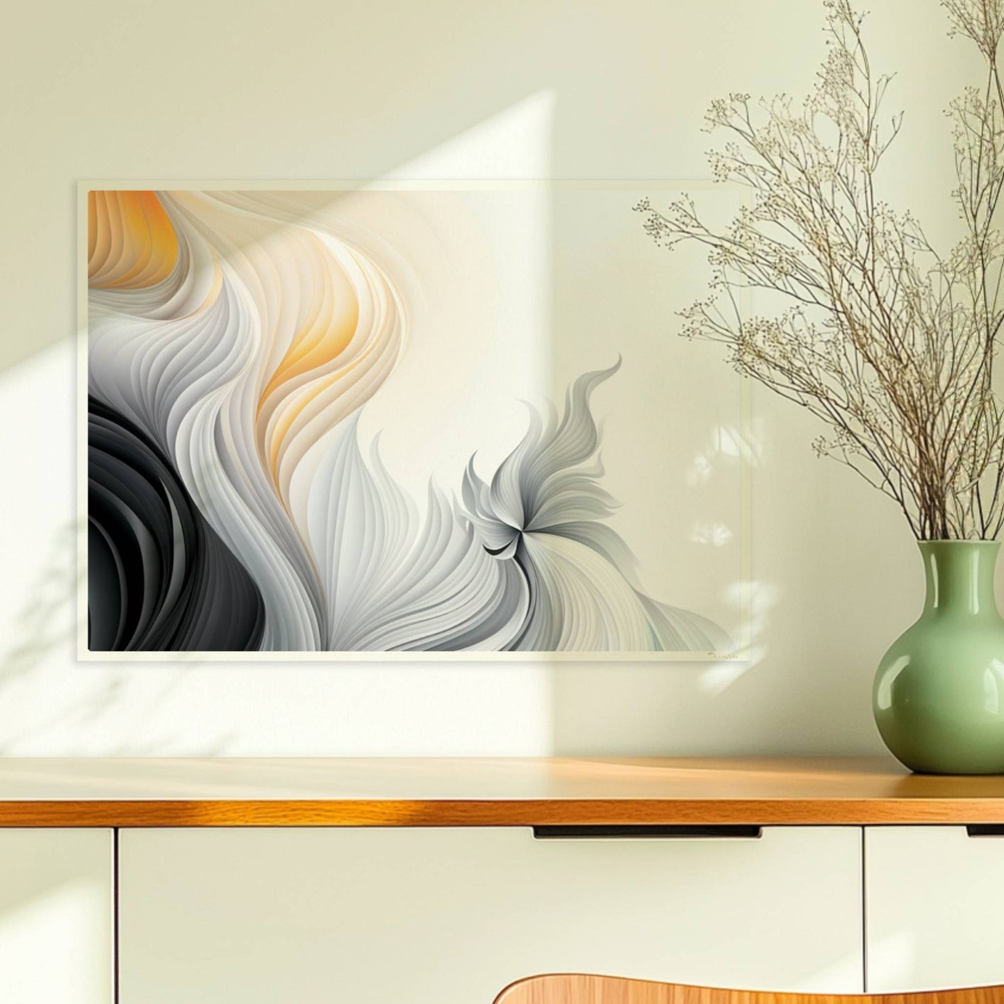 Abstrakte Vektorgrafik mit fließenden, gefiederten Linien in Schwarz, Weiß und sanftem Orange auf hellem Hintergrund.. Ohne Rahmen 70x50