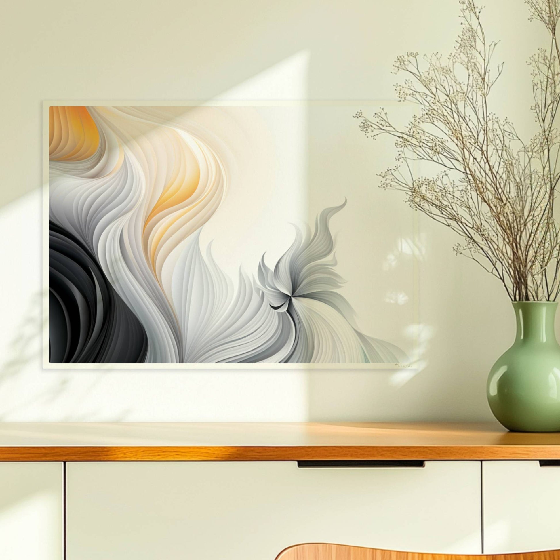 Abstrakte Vektorgrafik mit fließenden, gefiederten Linien in Schwarz, Weiß und sanftem Orange auf hellem Hintergrund.. Ohne Rahmen 70x50