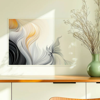 Abstrakte Vektorgrafik mit fließenden, gefiederten Linien in Schwarz, Weiß und sanftem Orange auf hellem Hintergrund.. Ohne Rahmen 70x50