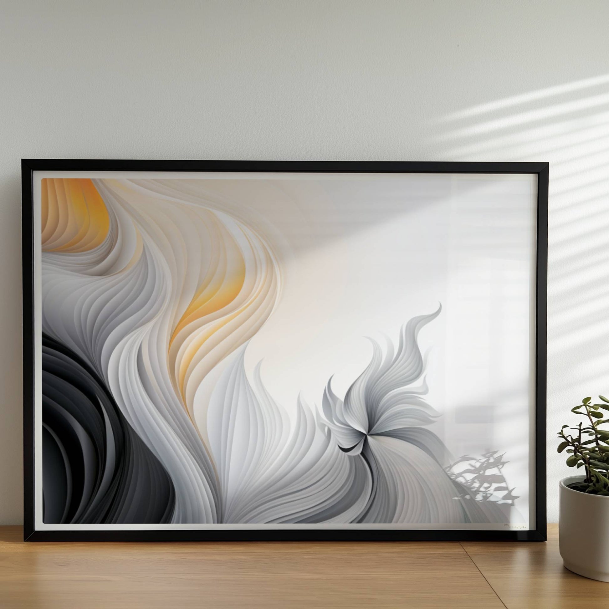 Abstrakte Vektorgrafik mit fließenden, gefiederten Linien in Schwarz, Weiß und sanftem Orange auf hellem Hintergrund.. Rahmen schwarz 70x50