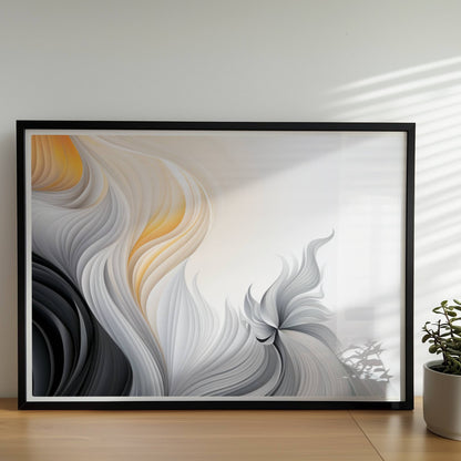 Abstrakte Vektorgrafik mit fließenden, gefiederten Linien in Schwarz, Weiß und sanftem Orange auf hellem Hintergrund.. Rahmen schwarz 70x50