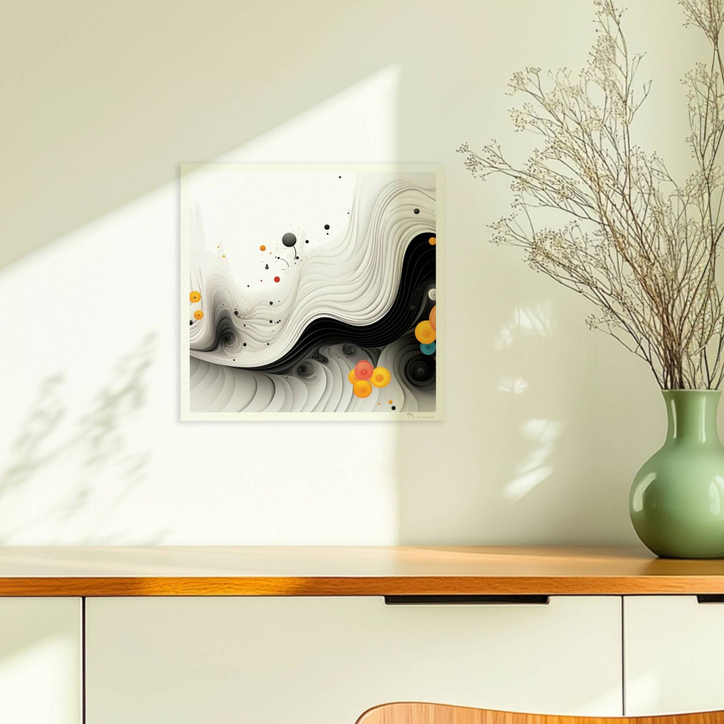 Abstrakte Vektorgrafik mit geschwungenen schwarzen Linien und bunten Kreisen auf weißem Hintergrund.. Ohne Rahmen 30x30