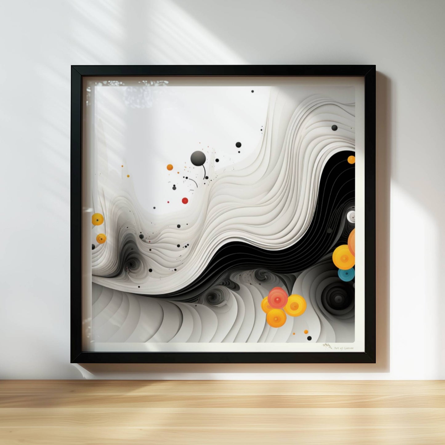 Abstrakte Vektorgrafik mit geschwungenen schwarzen Linien und bunten Kreisen auf weißem Hintergrund.. Rahmen schwarz 30x30