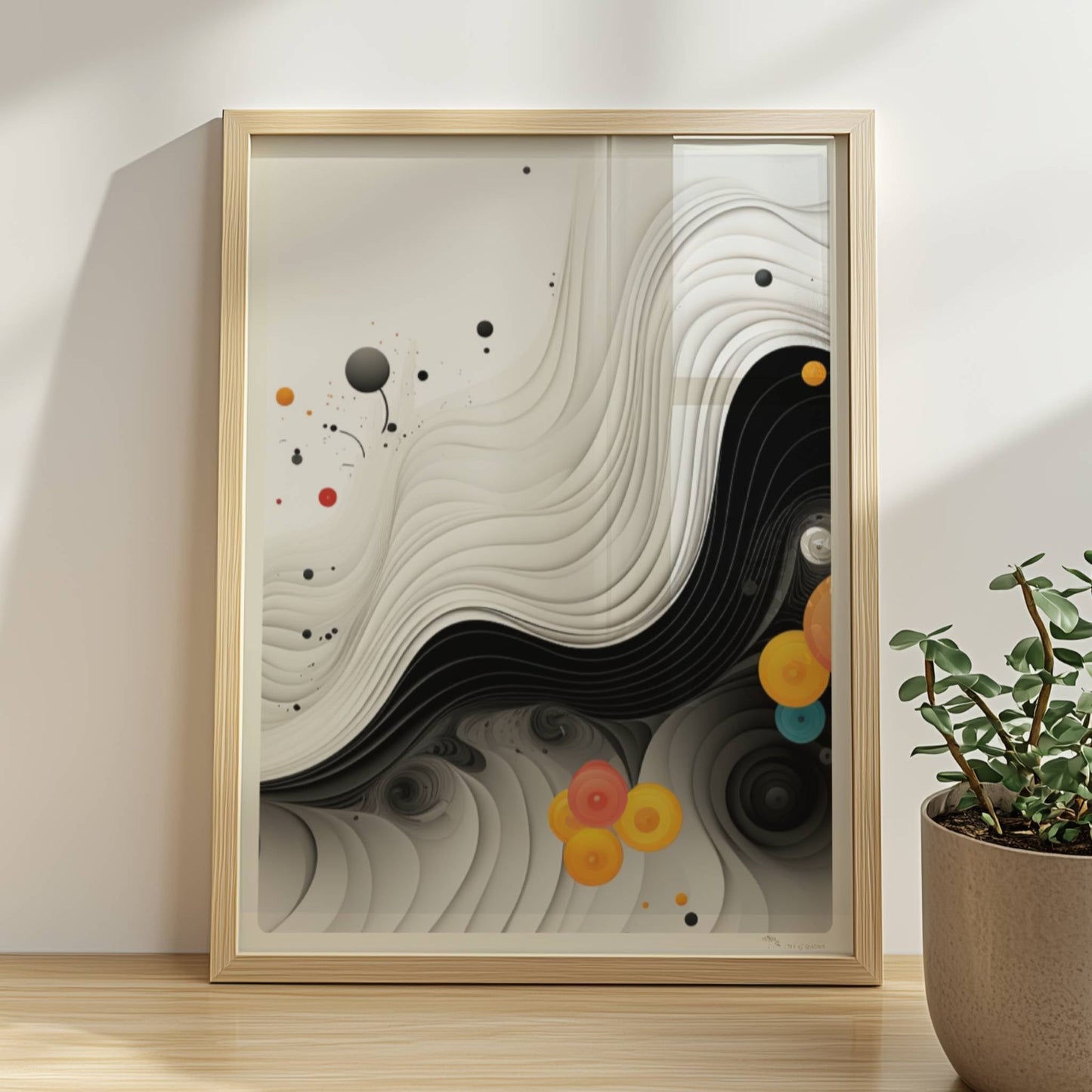 Abstrakte Vektorgrafik mit geschwungenen schwarzen Linien und bunten Kreisen auf weißem Hintergrund.. Rahmen natur 30x40