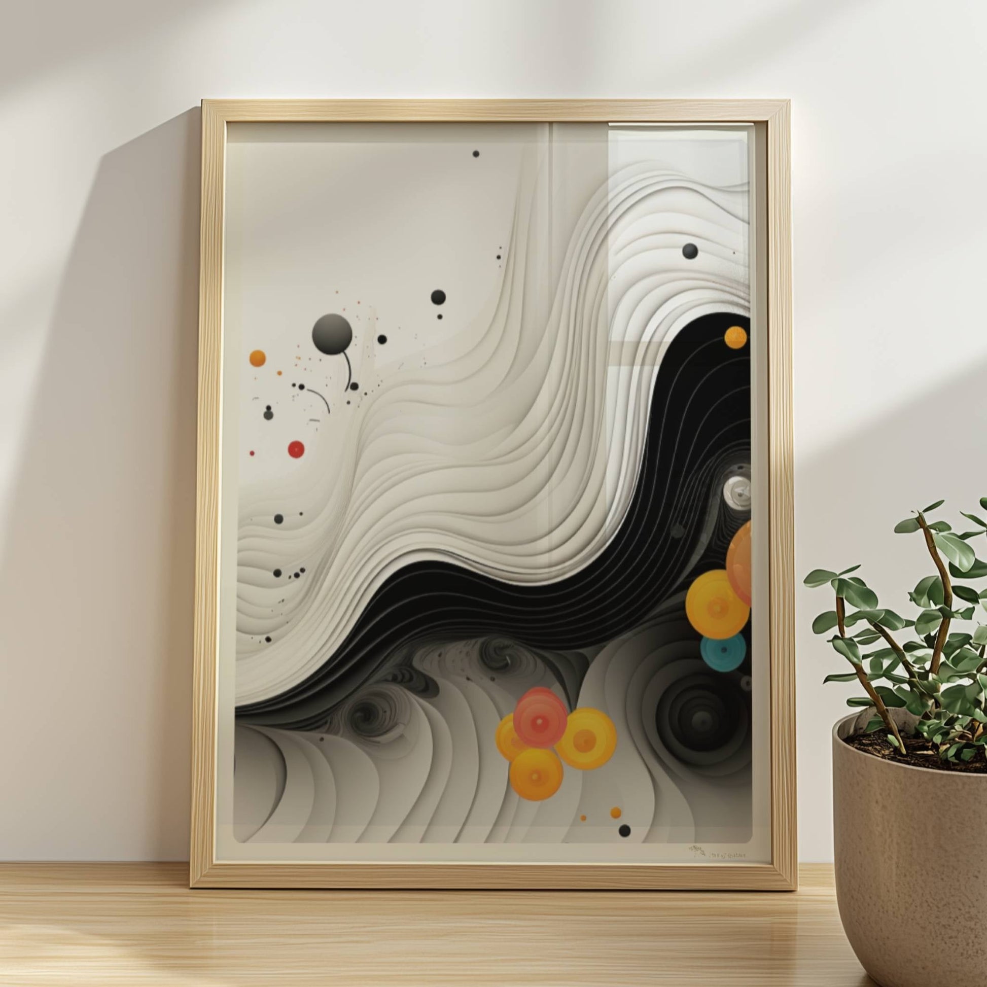 Abstrakte Vektorgrafik mit geschwungenen schwarzen Linien und bunten Kreisen auf weißem Hintergrund.. Rahmen natur 30x40