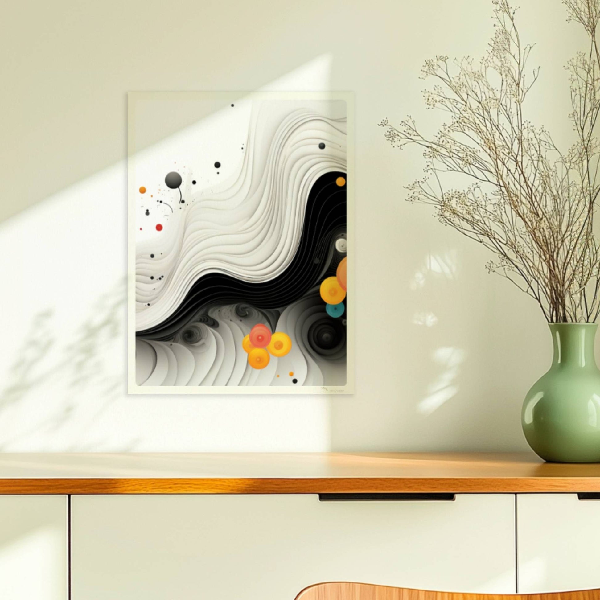 Abstrakte Vektorgrafik mit geschwungenen schwarzen Linien und bunten Kreisen auf weißem Hintergrund.. Ohne Rahmen 30x40