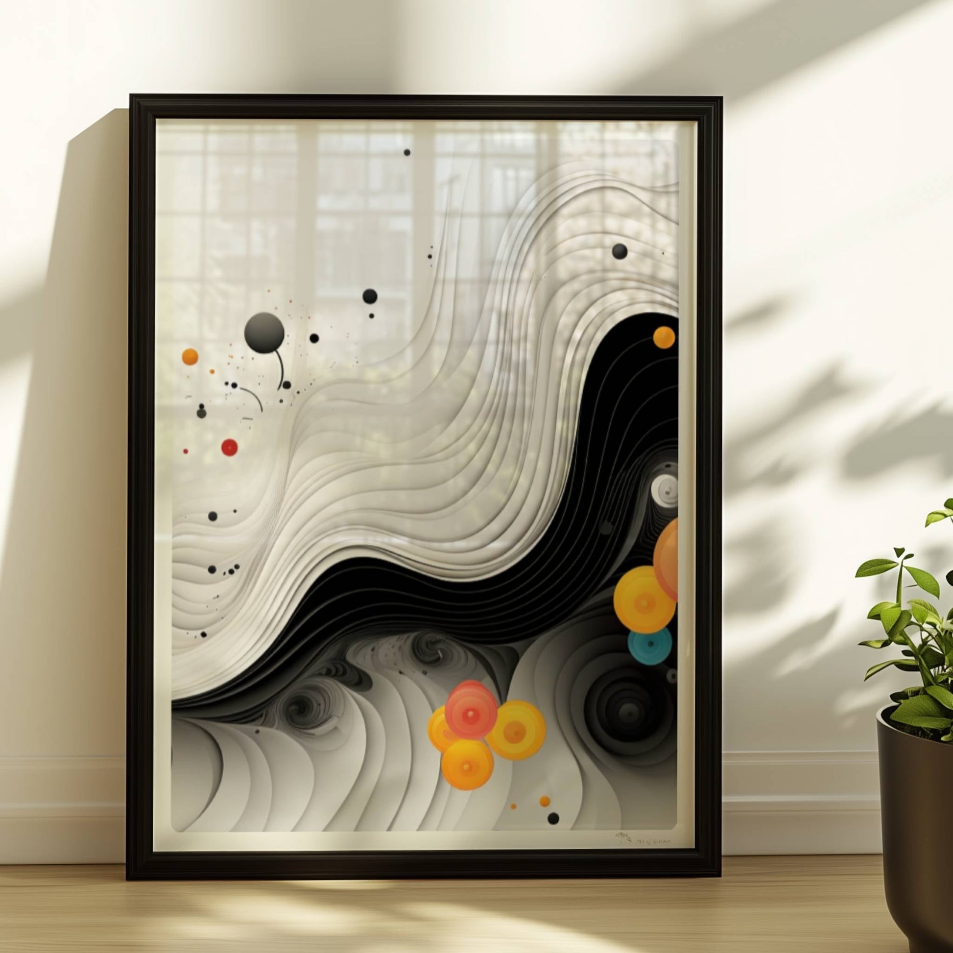 Abstrakte Vektorgrafik mit geschwungenen schwarzen Linien und bunten Kreisen auf weißem Hintergrund.. Rahmen schwarz 30x40