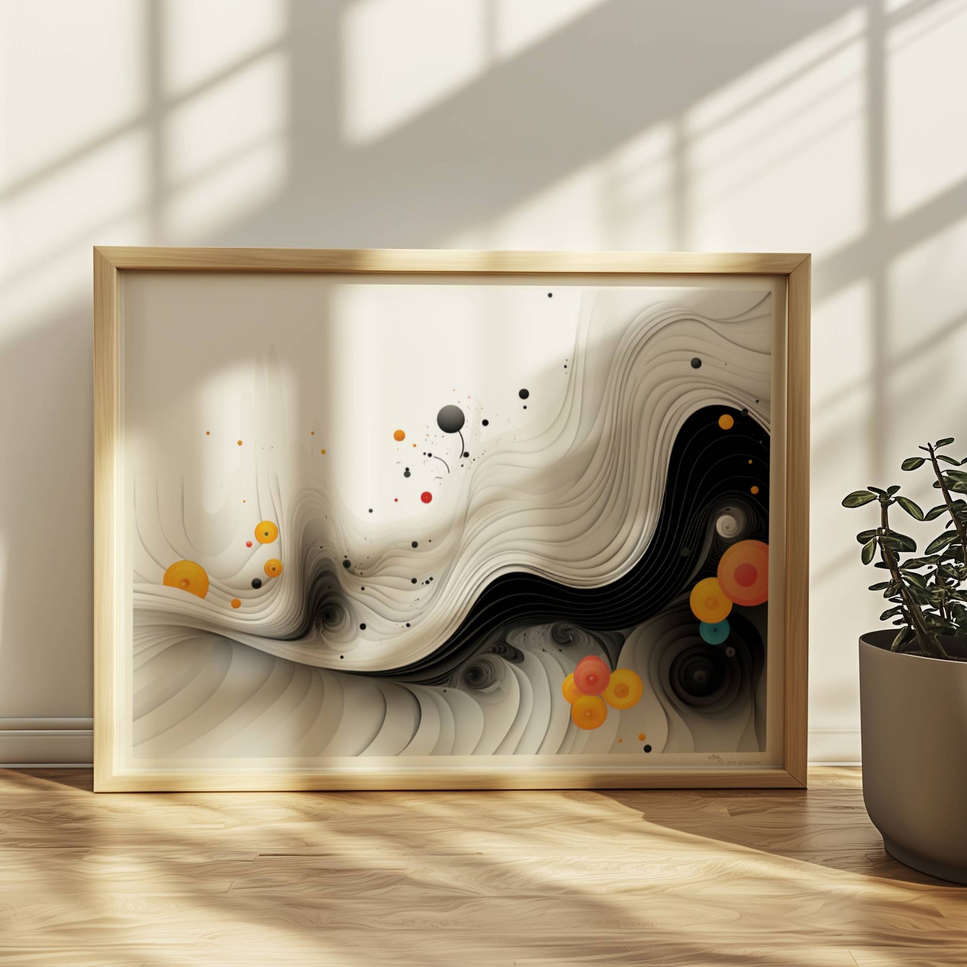 Abstrakte Vektorgrafik mit geschwungenen schwarzen Linien und bunten Kreisen auf weißem Hintergrund.. Rahmen natur 40x30