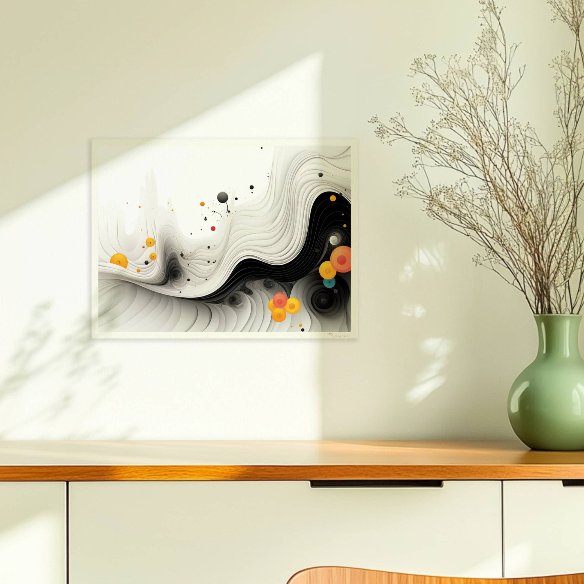 Abstrakte Vektorgrafik mit geschwungenen schwarzen Linien und bunten Kreisen auf weißem Hintergrund.. Ohne Rahmen 40x30