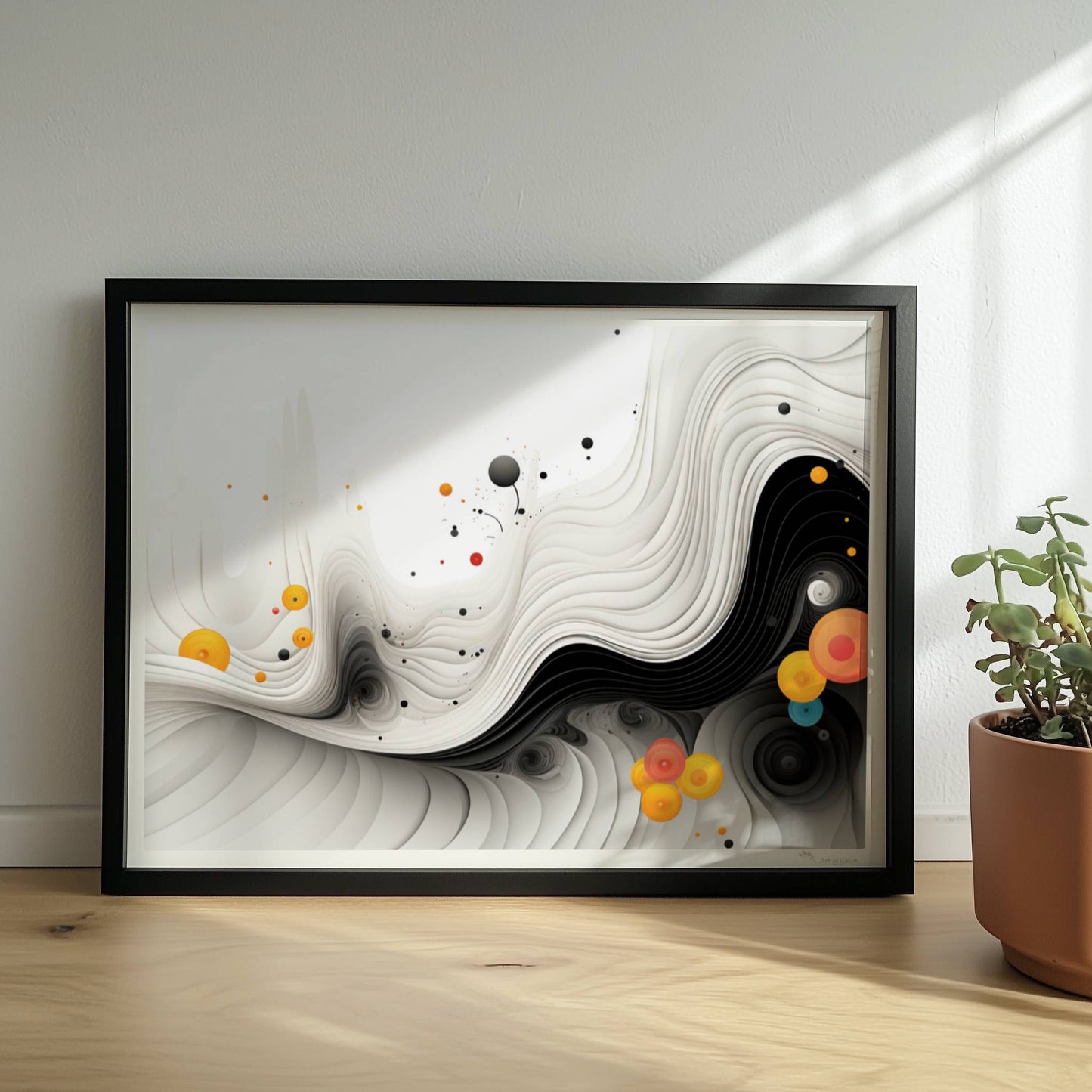 Abstrakte Vektorgrafik mit geschwungenen schwarzen Linien und bunten Kreisen auf weißem Hintergrund.. Rahmen schwarz 40x30