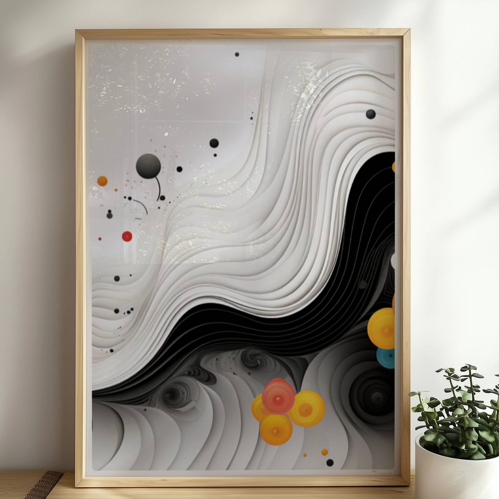 Abstrakte Vektorgrafik mit geschwungenen schwarzen Linien und bunten Kreisen auf weißem Hintergrund.. Rahmen natur 50x70