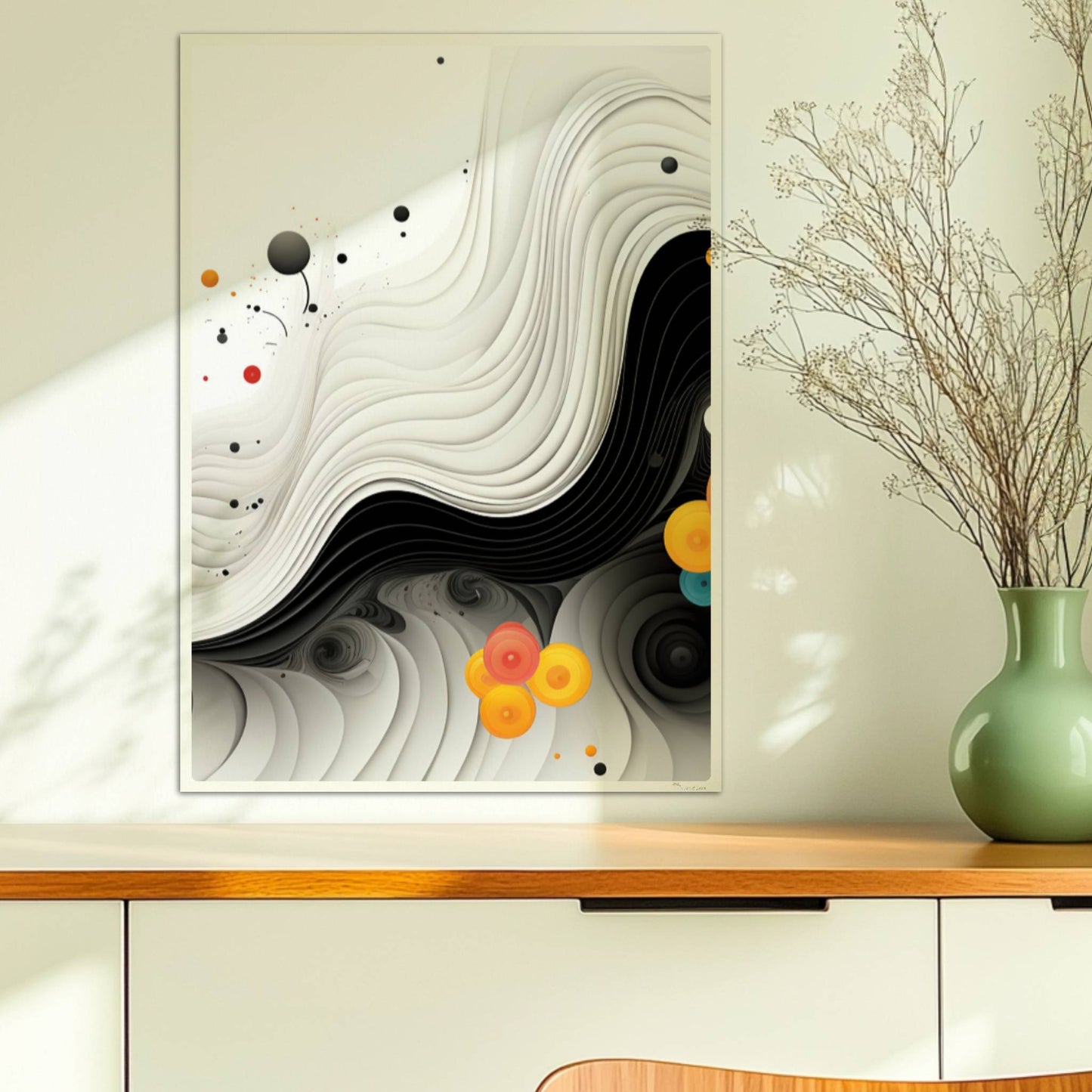 Abstrakte Vektorgrafik mit geschwungenen schwarzen Linien und bunten Kreisen auf weißem Hintergrund.. Ohne Rahmen 50x70