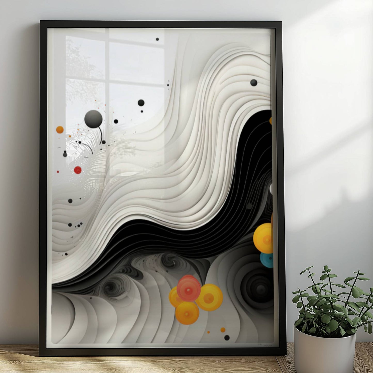 Abstrakte Vektorgrafik mit geschwungenen schwarzen Linien und bunten Kreisen auf weißem Hintergrund.. Rahmen schwarz 50x70