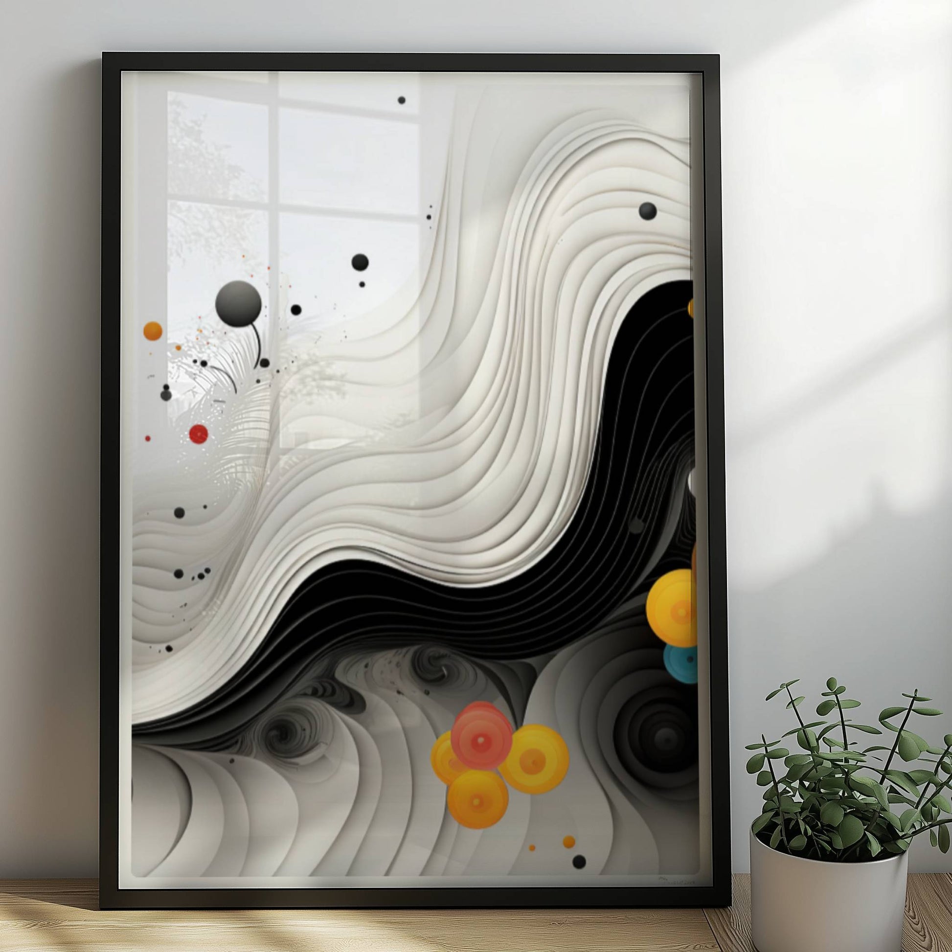Abstrakte Vektorgrafik mit geschwungenen schwarzen Linien und bunten Kreisen auf weißem Hintergrund.. Rahmen schwarz 50x70