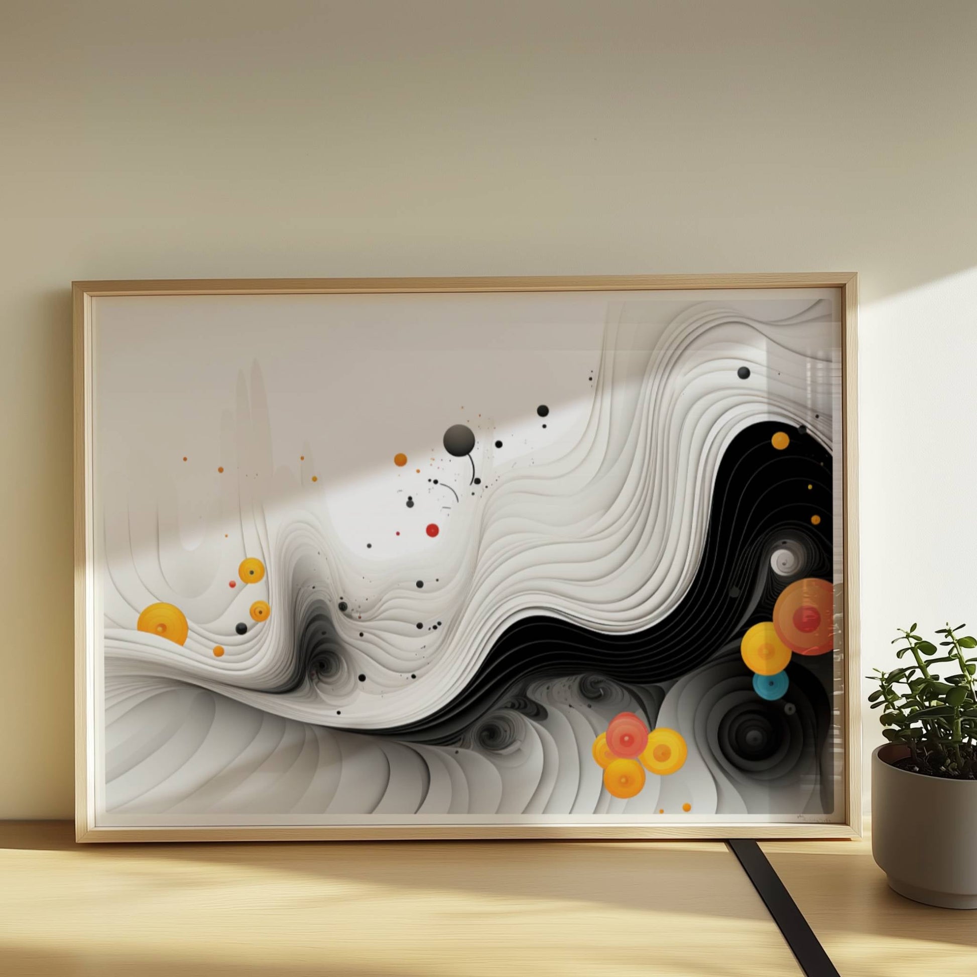Abstrakte Vektorgrafik mit geschwungenen schwarzen Linien und bunten Kreisen auf weißem Hintergrund.. Rahmen natur 70x50