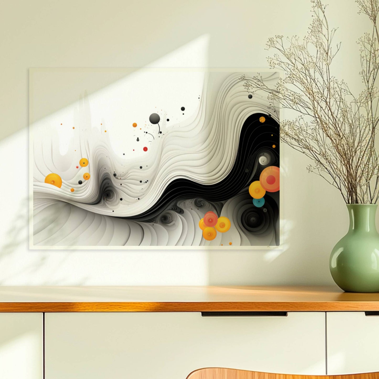 Abstrakte Vektorgrafik mit geschwungenen schwarzen Linien und bunten Kreisen auf weißem Hintergrund.. Ohne Rahmen 70x50