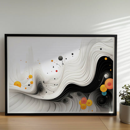 Abstrakte Vektorgrafik mit geschwungenen schwarzen Linien und bunten Kreisen auf weißem Hintergrund.. Rahmen schwarz 70x50