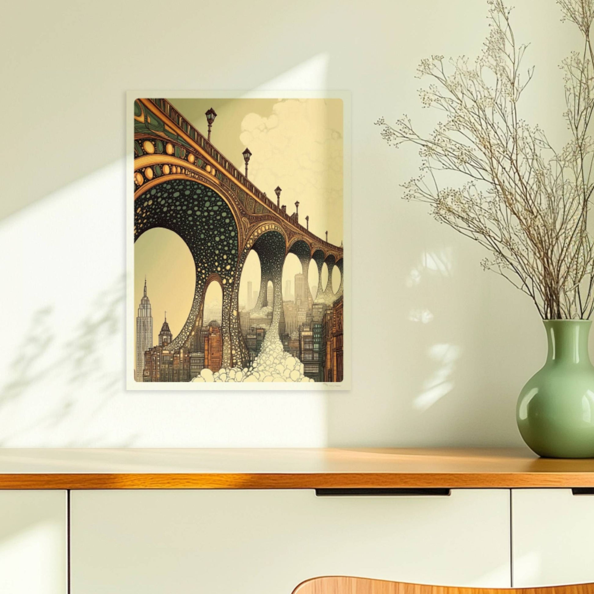 Biomorphic Art Nouveau Bridge Over City – Architectural Wall Art Print. Ohne Rahmen 30x40