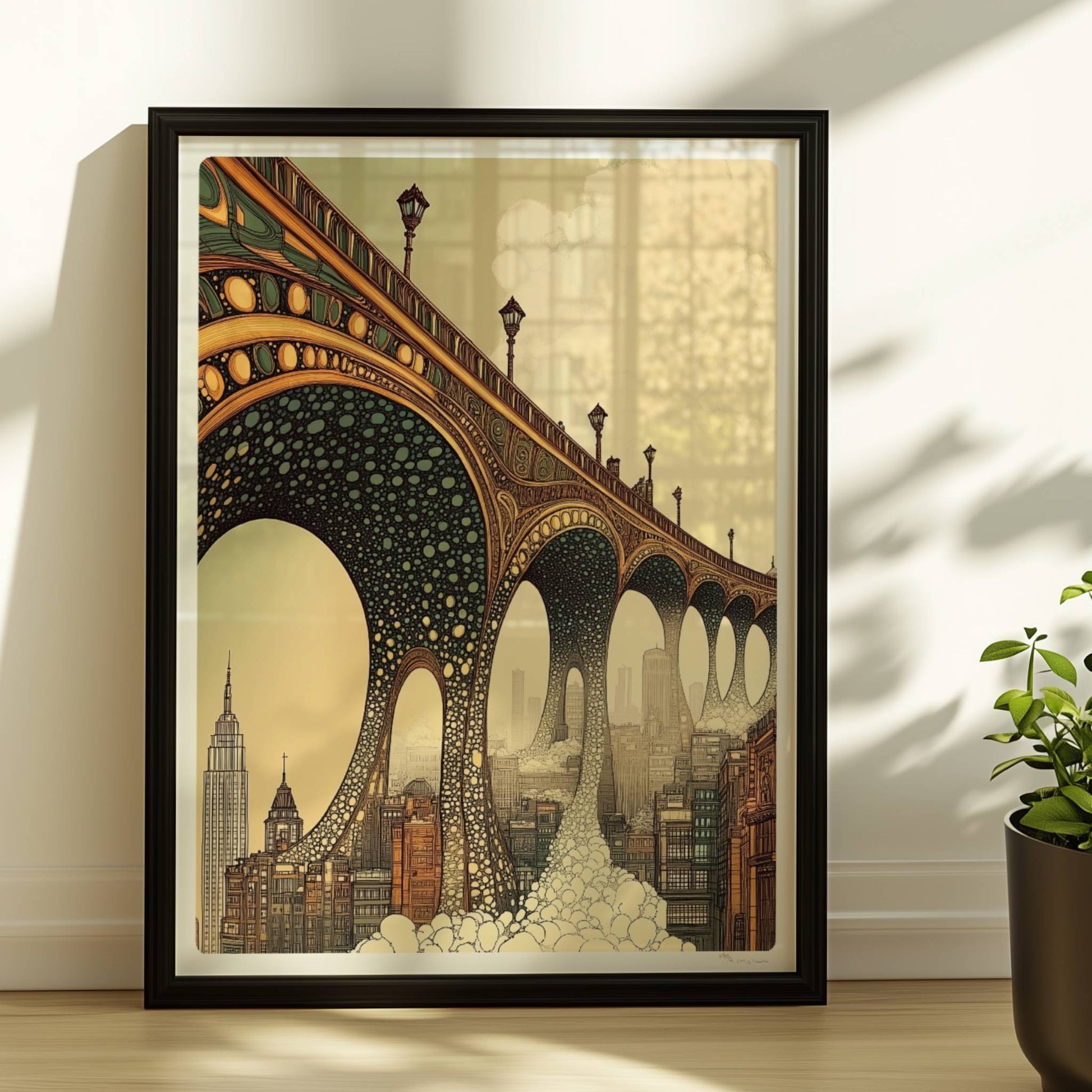 Biomorphic Art Nouveau Bridge Over City – Architectural Wall Art Print. Rahmen schwarz 30x40