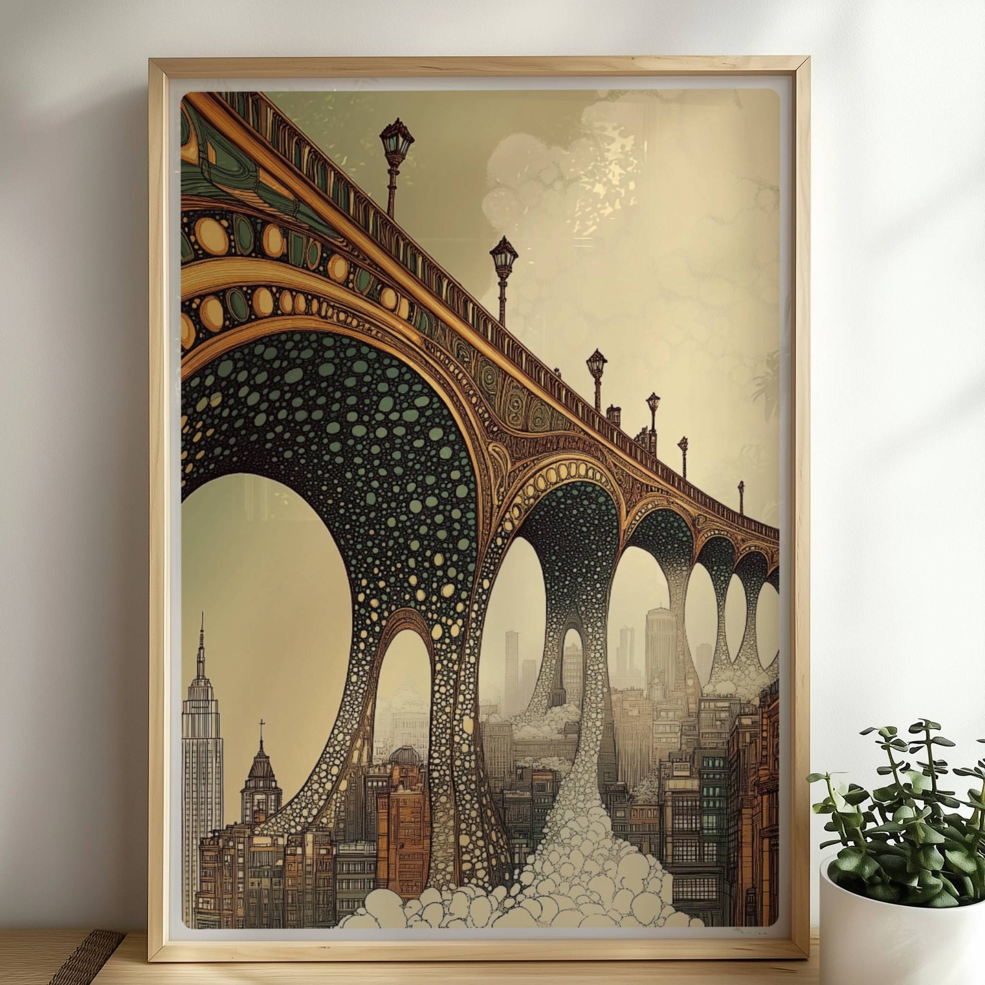 Biomorphic Art Nouveau Bridge Over City – Architectural Wall Art Print. Rahmen natur 50x70