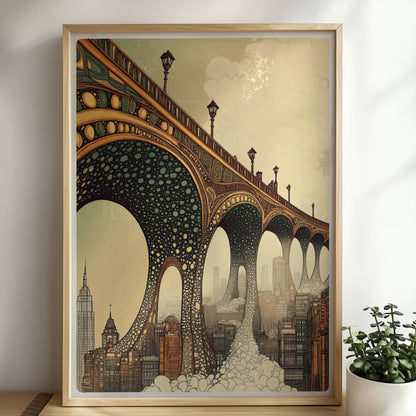 Biomorphic Art Nouveau Bridge Over City – Architectural Wall Art Print. Rahmen natur 50x70