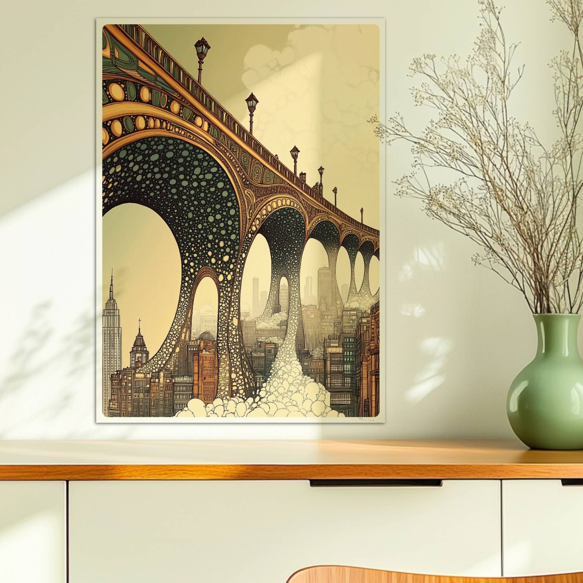 Biomorphic Art Nouveau Bridge Over City – Architectural Wall Art Print. Ohne Rahmen 50x70